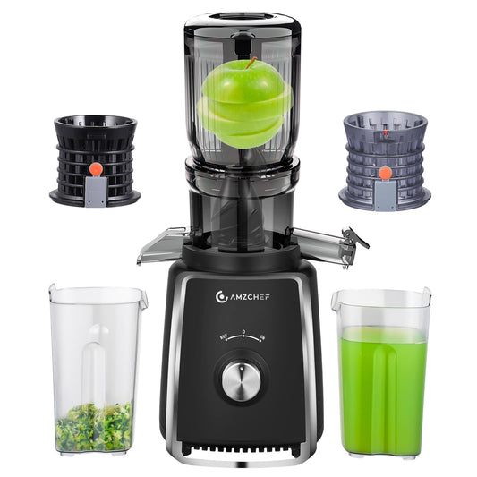 Amzchef Extrator de Suco Cold Press 250W com Filtro Duplo (Preto)