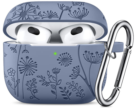 Lerobo Capa com Flores Gravadas Compatível com AirPods 3ª Geração (Azul Cinza)