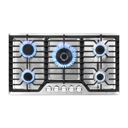 Cooktop a Gás AMZCHEF 36" com 5 Bocas SABAF, Conversível NG/LPG (Inox)