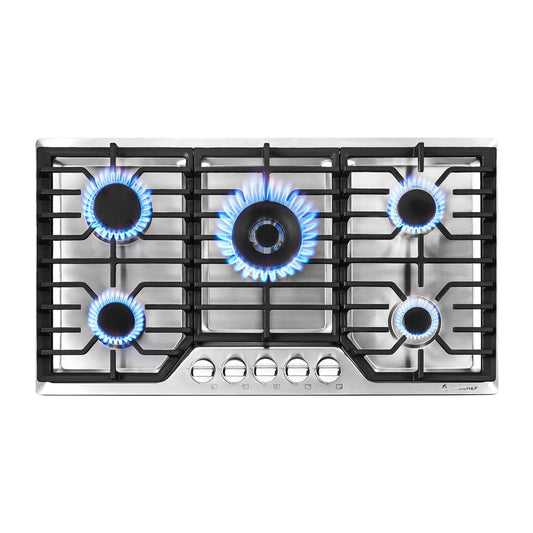 Cooktop a Gás AMZCHEF 36" com 5 Bocas SABAF, Conversível NG/LPG (Inox)