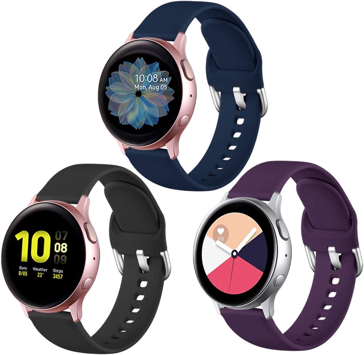 Lerobo 3 Pulseiras de Silicone 20mm para Samsung Galaxy Watch G (Azul Marinho/Preta/roxo)