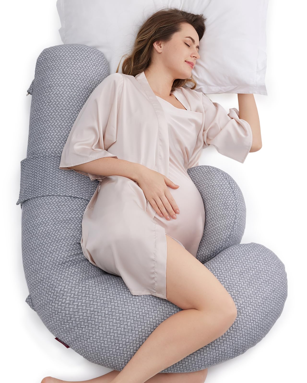 Momcozy Pregnancy Pillow F Shape 53" Cinza Corpo Inteiro Ajustável