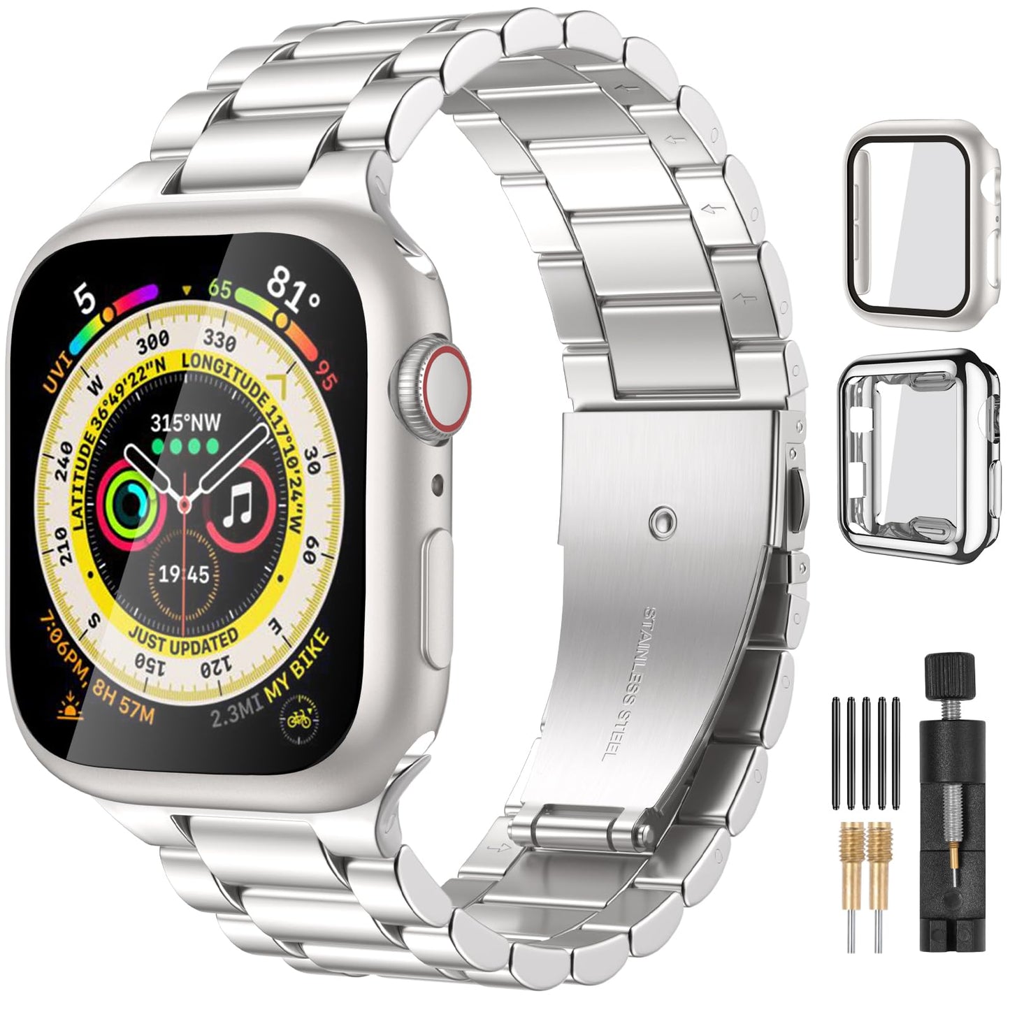 Lerobo Pulseira Aço Inox p/ Apple Watch + 2 Capas Prot. (Starlight)