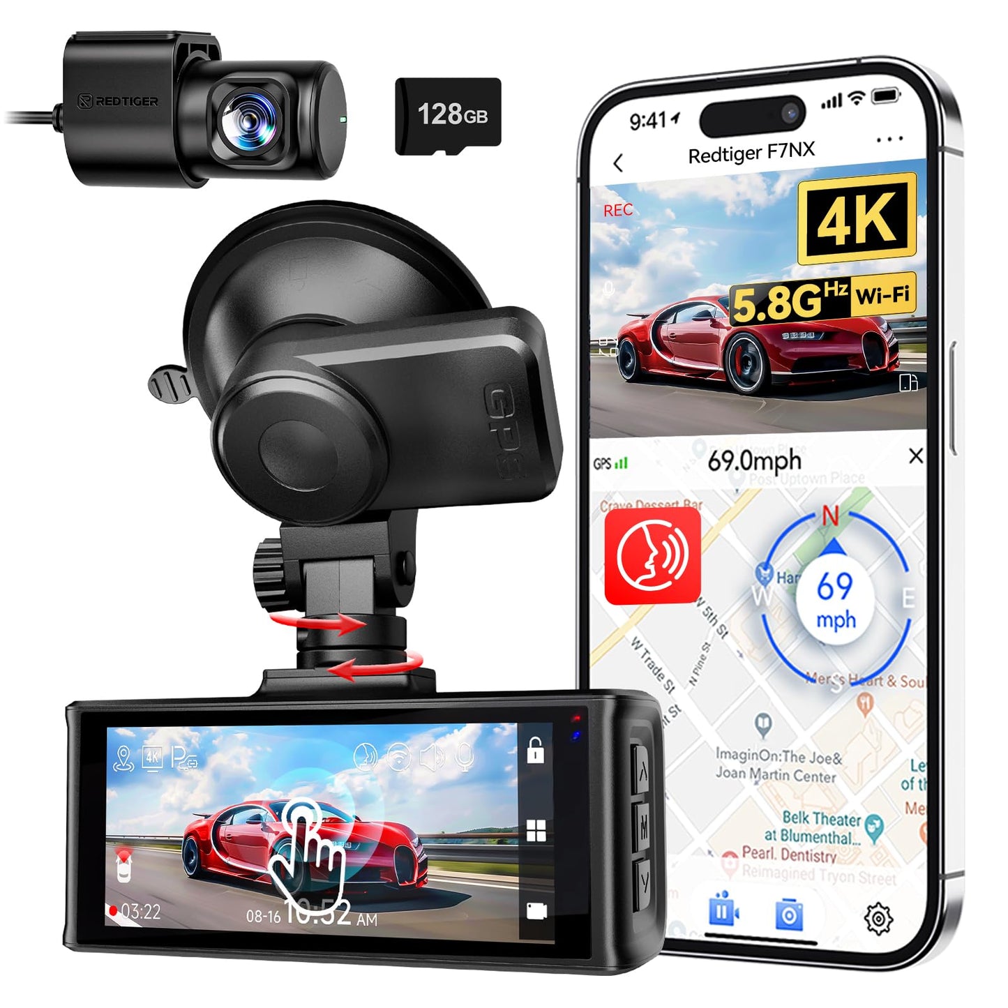 REDTIGER F7NX Dash Cam 4K+1080P Wi-Fi, GPS e Visão Noturna