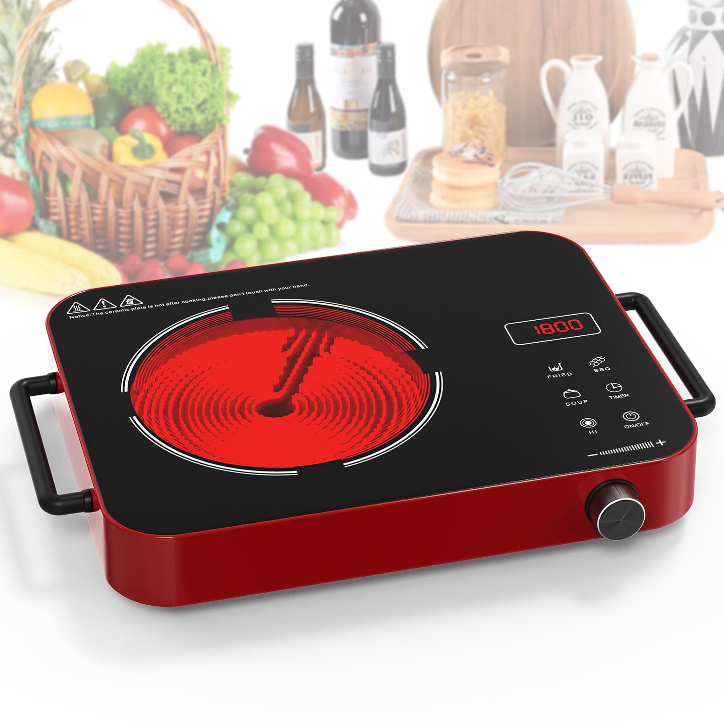 VBGK Cooktop Elétrico Portátil 1800W com Controle de Toque e Knob (Vermelho)