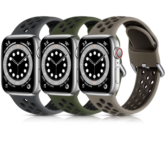 Lerobo Pulseira de Silicone Respirável Compatível com Apple Watch (Preto/Verde/Oliva-Cinza)