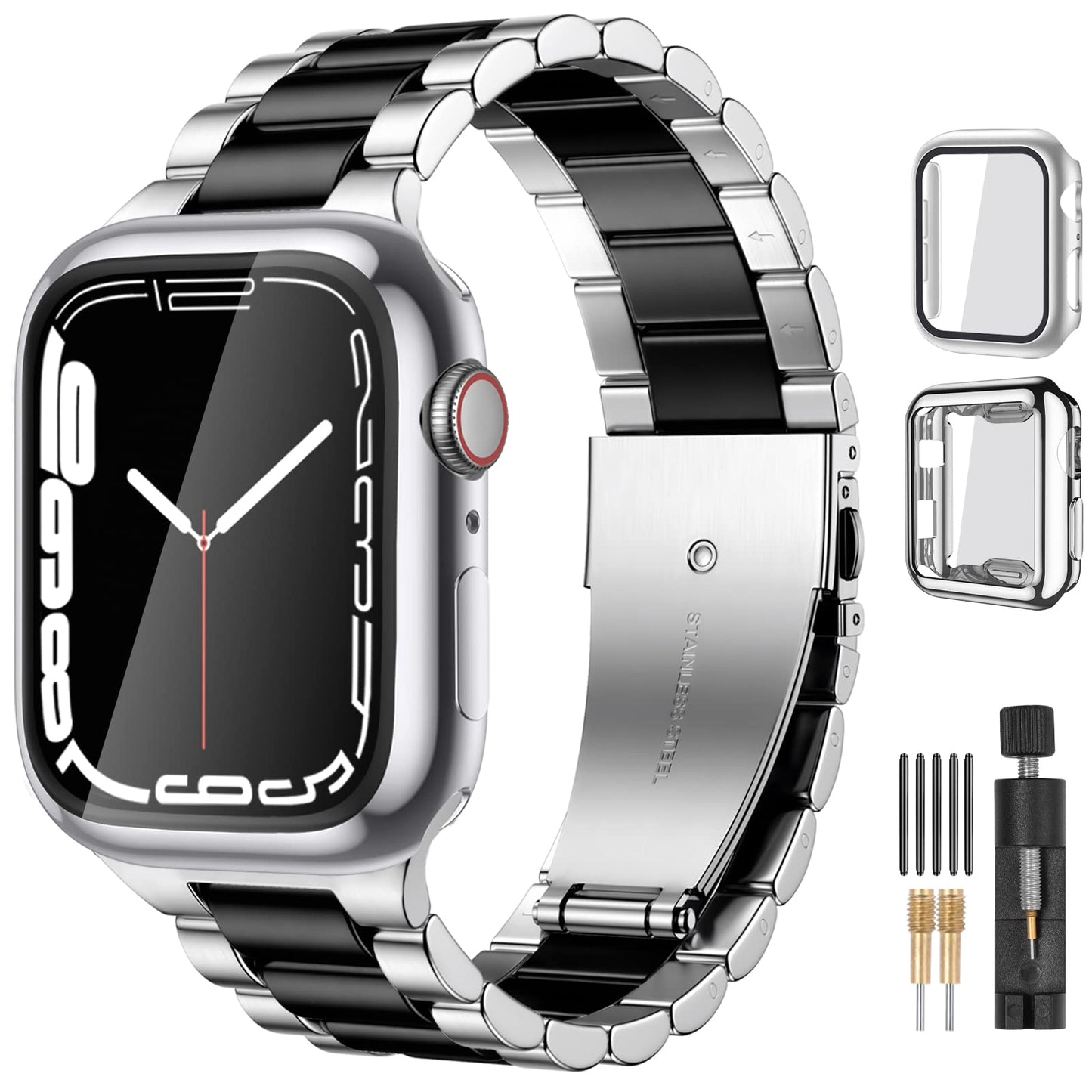 Lerobo Pulseira de Aço Inoxidável para Apple Watch + 2 Capas (Preto e Prata)