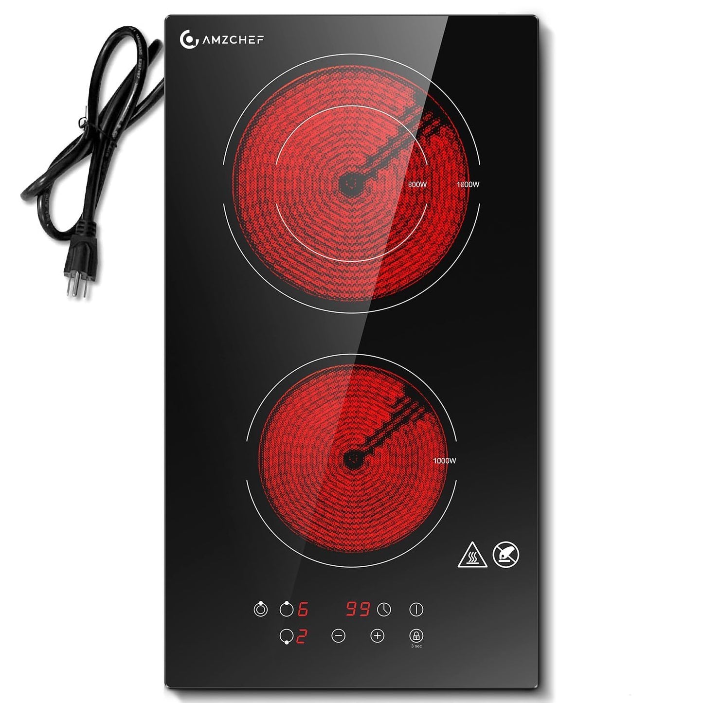 AMZCHEF Cooktop Elétrico de 2 Bocas 12" com 9 Níveis de Potência (Preto)