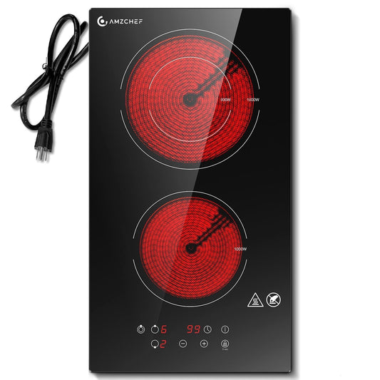 AMZCHEF Cooktop Elétrico de 2 Bocas 12" com 9 Níveis de Potência (Preto)