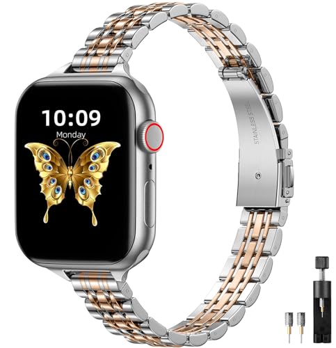 Lerobo Pulseira Aço Inoxidável Fina p/ Apple Watch, Ajustável (Royal Gold/Silver)