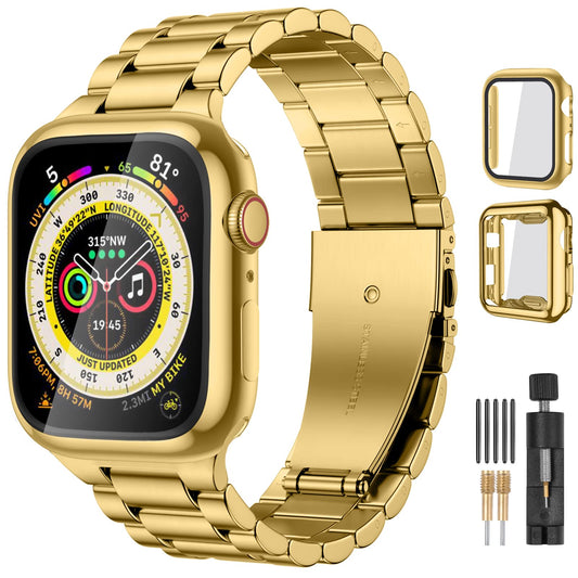 Lerobo Pulseira Metal p/ Apple Watch 49mm-38mm c/ 2 Cases Protetores (Dourada)