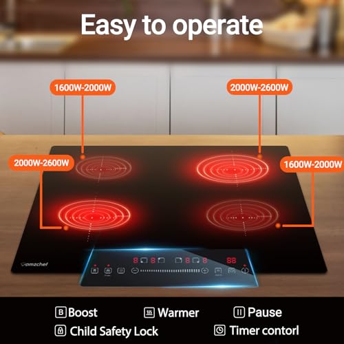 Amzchef Cooktop Elétrico 30'' Indução com 4 Bocas BOOST, Controle Touch