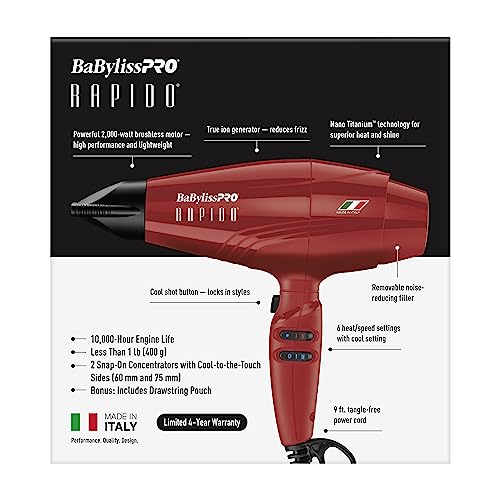 Secador BaBylissPRO Nano Titanium Rapido 2000W Vermelho Itália