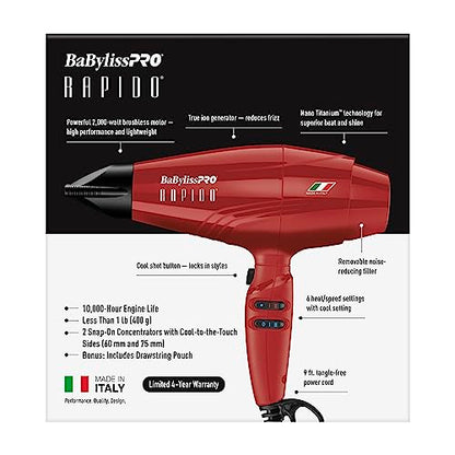 Secador BaBylissPRO Nano Titanium Rapido 2000W Vermelho Itália