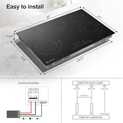 Cooktop Elétrico AMZCHEF 30" Embutido, 8400W, 5 Zonas e Controle Touch