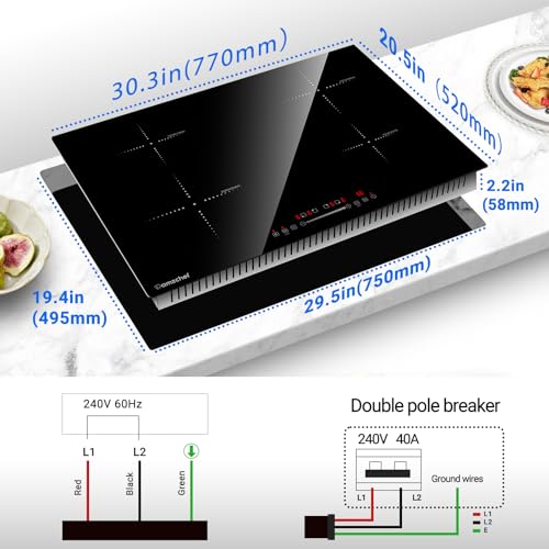 Amzchef Cooktop Elétrico 30'' Indução com 4 Bocas BOOST, Controle Touch