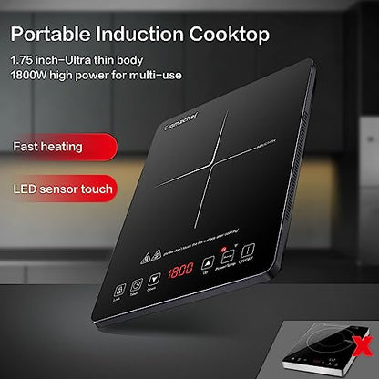 AMZCHEF Cooktop de Indução Portátil 1800W com 8 Níveis de Potência (Preto)