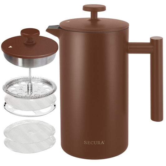 Secura Cafeteira French Press de Aço Inoxidável 1 Litro com 2 Telas Extras