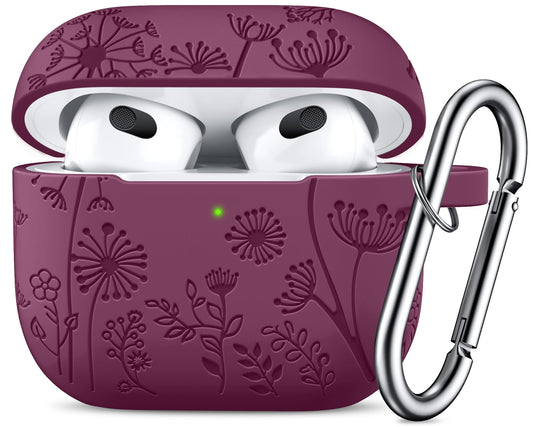 Lerobo Capa com Flores Gravadas Compatível com AirPods 3ª Geração (Vermelho Púrpura)