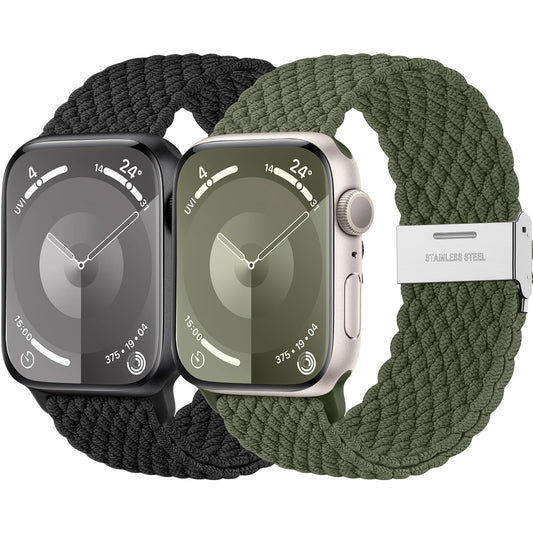 Lerobo 2 Pack Solo Loop Trançada para Apple Watch, 38-49mm, Nylon (preto/Verde Exercito)