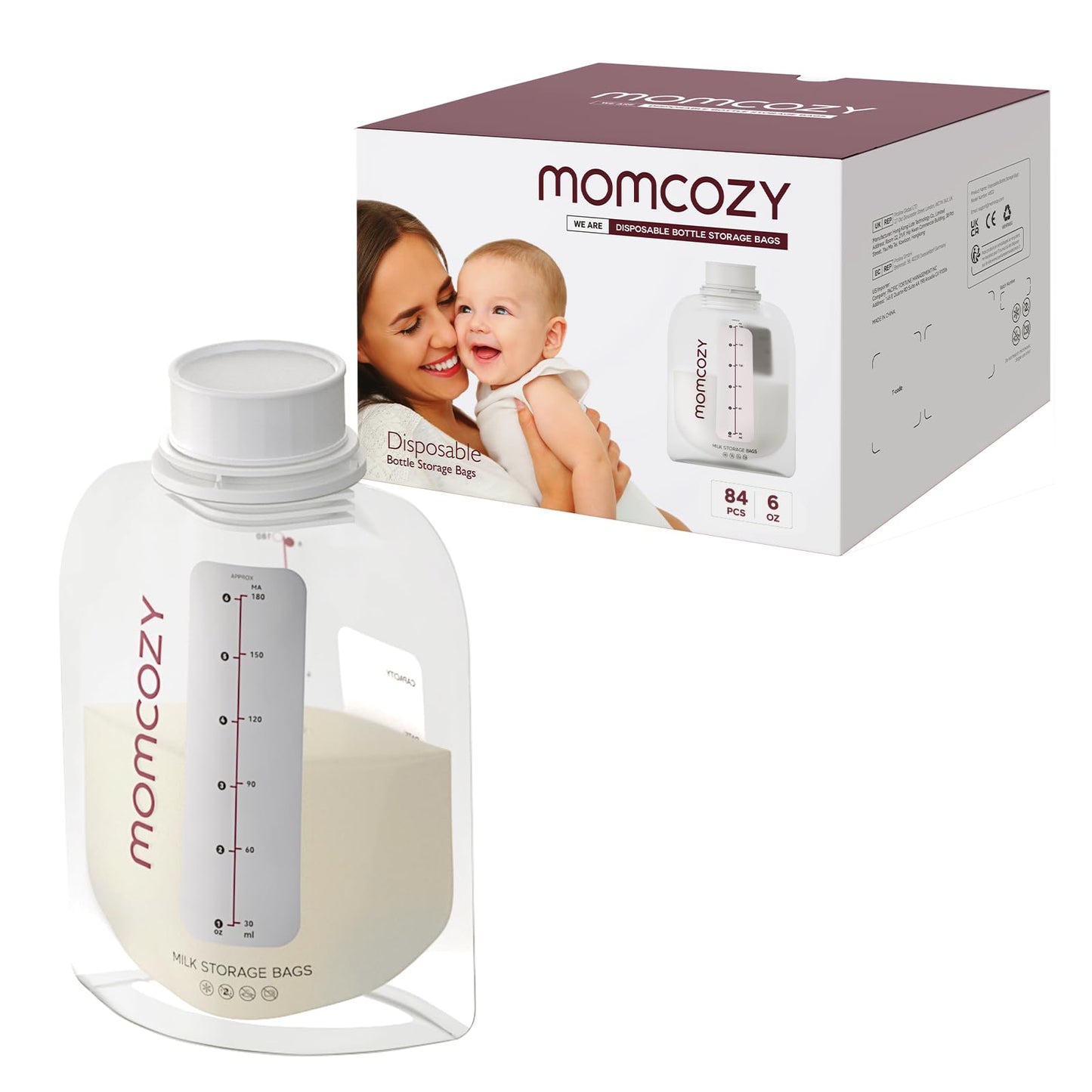 Momcozy Sacos para Armazenamento de Leite Materno, Tampa Rosqueável, 180ml, 84 Unidades