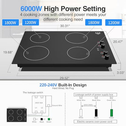 VBGK Cooktop Elétrico 30" Indução 6000W com 4 Bocas, Controle por Botão (Preto)