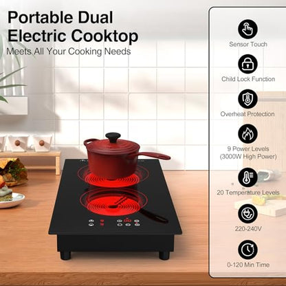 VBGK Cooktop Elétrico 3000W, 2 Bocas Embutido e Portátil com Timer (Preto)