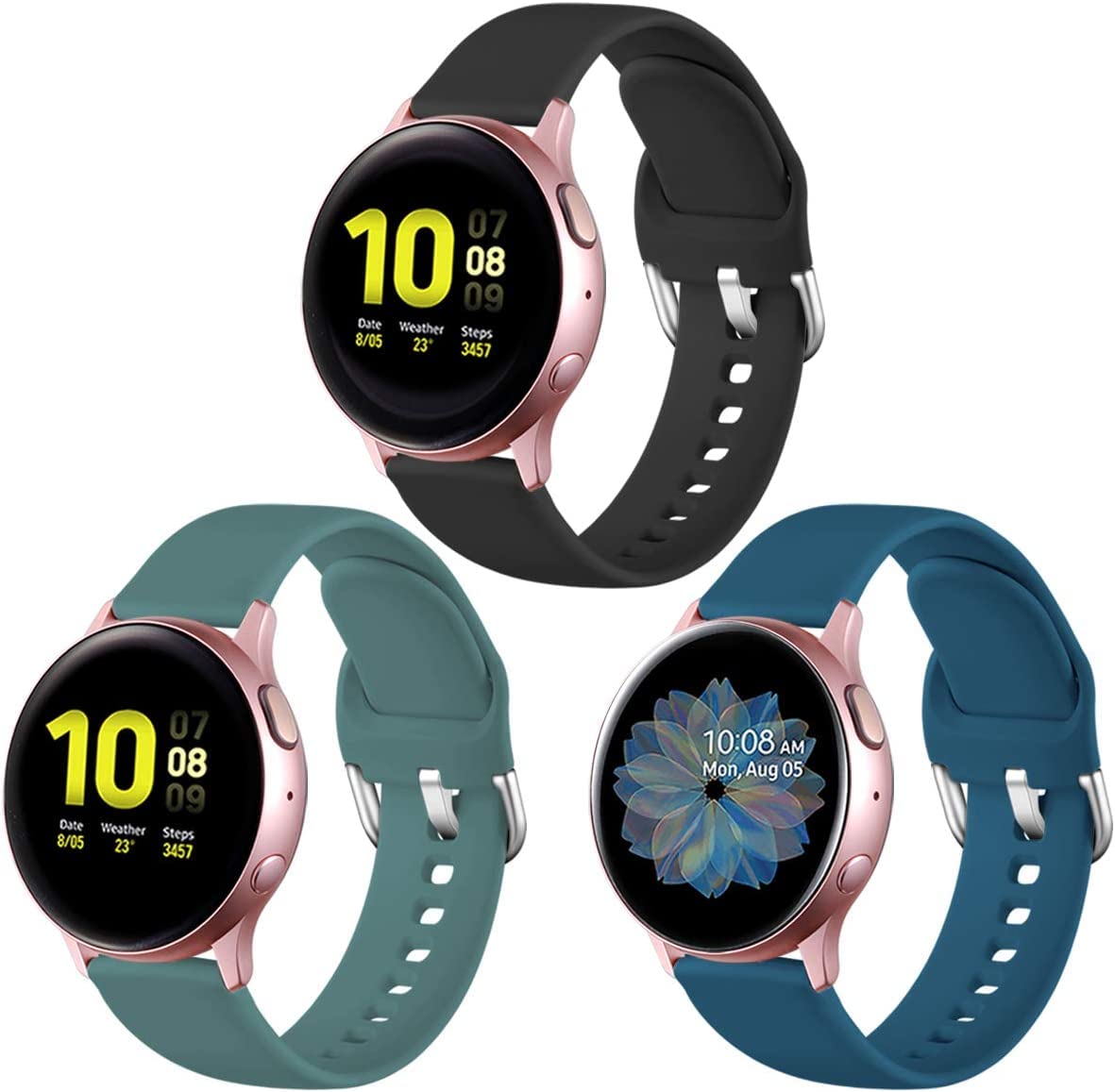 Lerobo 3 Pulseiras de Silicone P/ Galaxy Watch, 20mm, P (Black/Slate Blue/Pine Green)