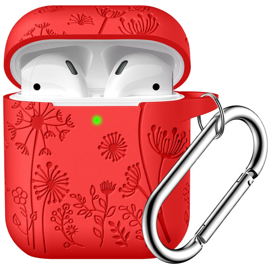 Lerobo Capa Floral Silicone para AirPods 1ª/2ª Geração com Mosquetão (Vermelho)