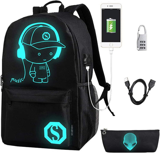 FLYMEI Mochila Luminosa Anime com Porta USB para Laptop 17" (Preto)