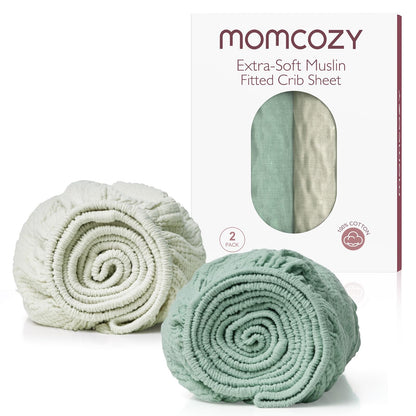 Momcozy Lençol de Berço Muslin Ajustado 52"x28" (Verde Claro Cinza - 2 Peças)