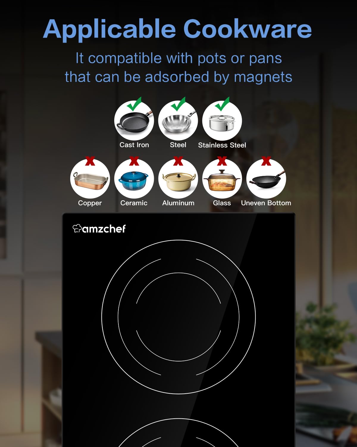 Amzchef Cooktop de Indução 2 Bocas com Plug 1800W, 9 Níveis de Potência