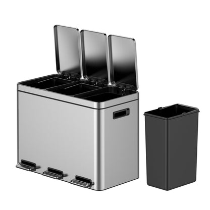 Takywep Lixeira Inox 45L com 3 Compartimentos e Pedal Prata