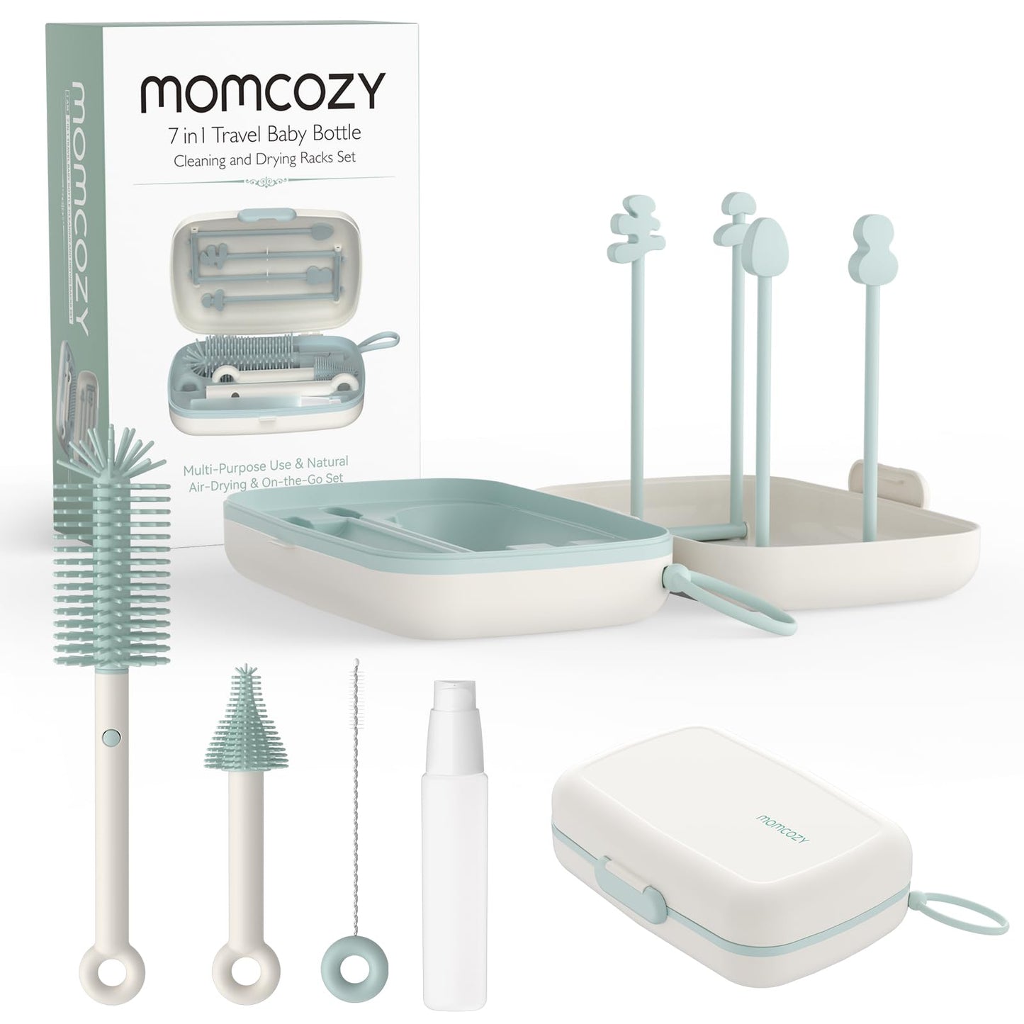 Momcozy Kit de Escovas para Limpeza de Mamadeiras 7 em 1 - Silicone e Acessórios Portáteis (Verde)