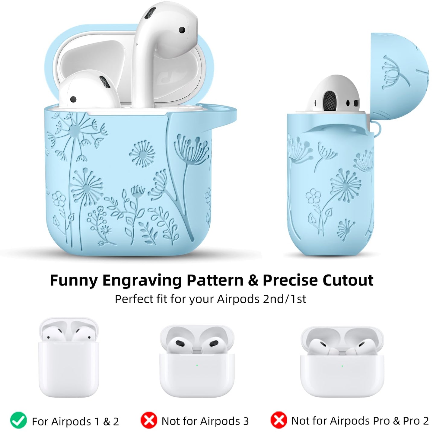 Lerobo Capa Gravada Silicone para AirPods 1ª/2ª Geração com Mosquetão (Azul Céu)