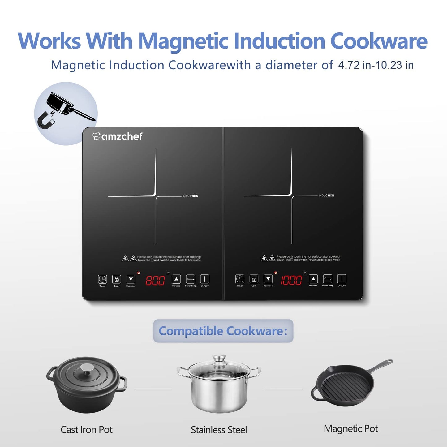 AMZCHEF Induction Cooktop 2 Zonas com 1800W, Touch e Temporizador