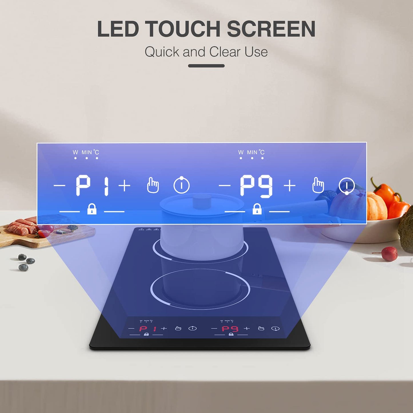 GTKZW Cooktop de Indução Duplo 12" com 2 Queimadores e 9 Níveis (Preto)