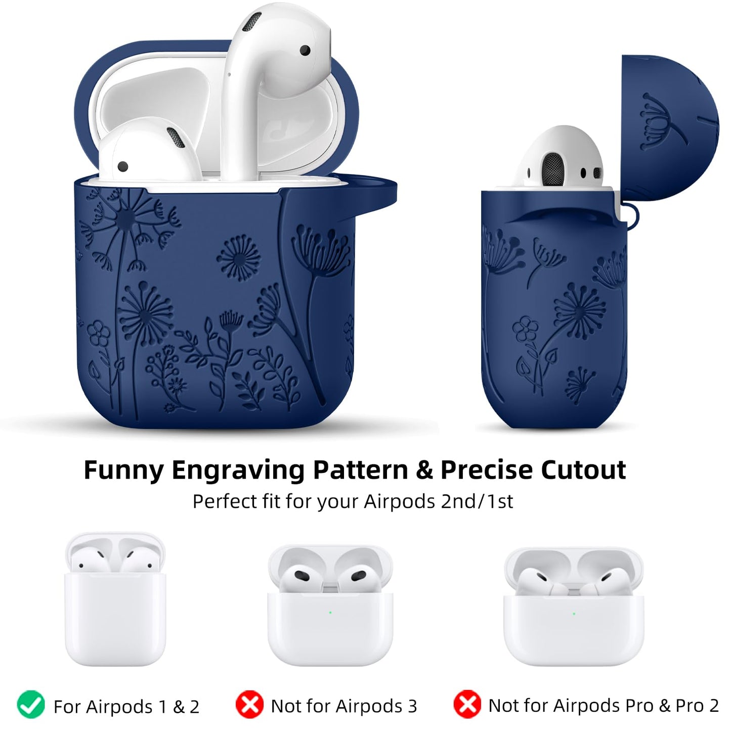 Lerobo Capa Gravada Silicone para AirPods 1ª/2ª Geração com Mosquetão (Azul Meia-Noite)