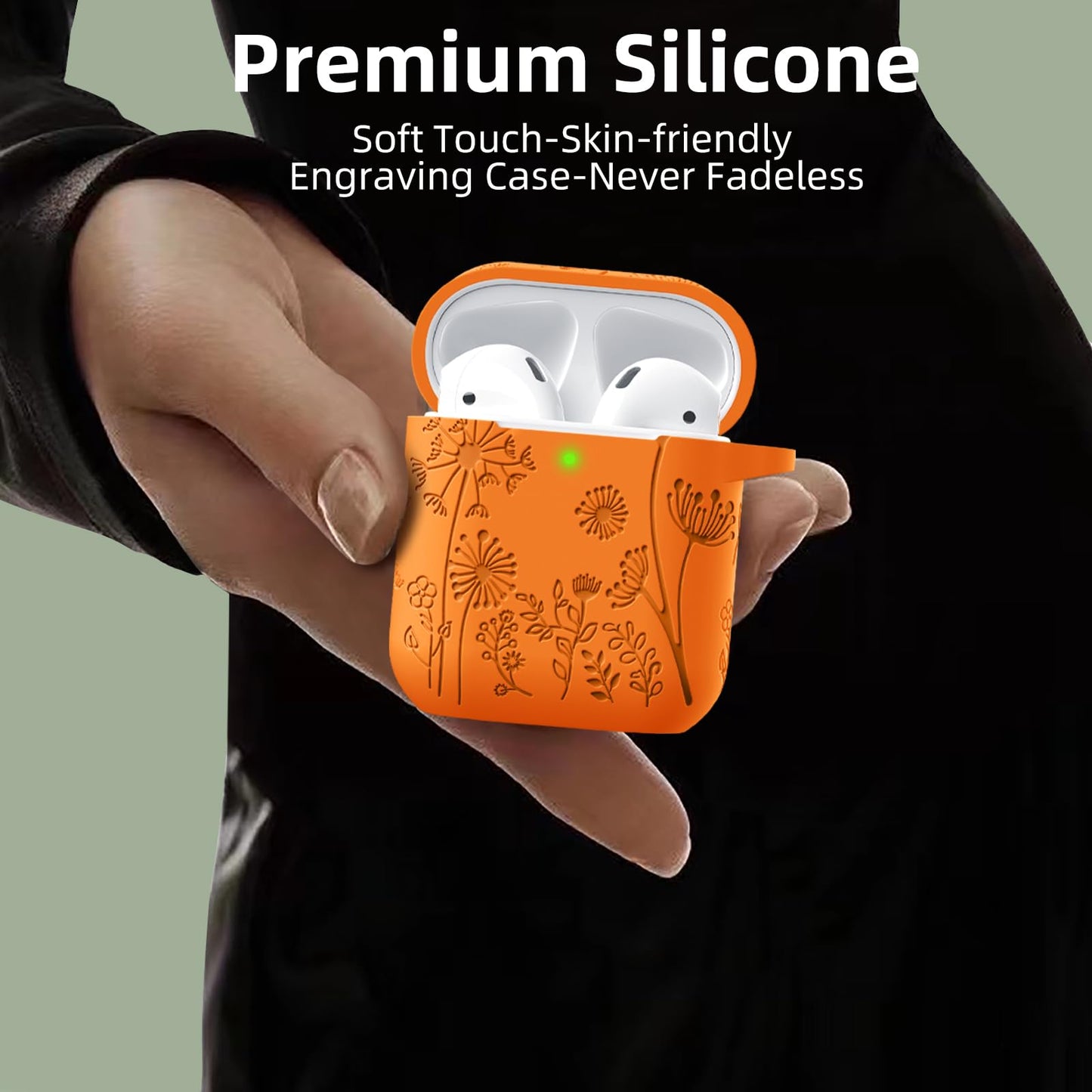 Lerobo Capa Gravada Silicone para AirPods 1ª/2ª Geração com Mosquetão (Laranja)