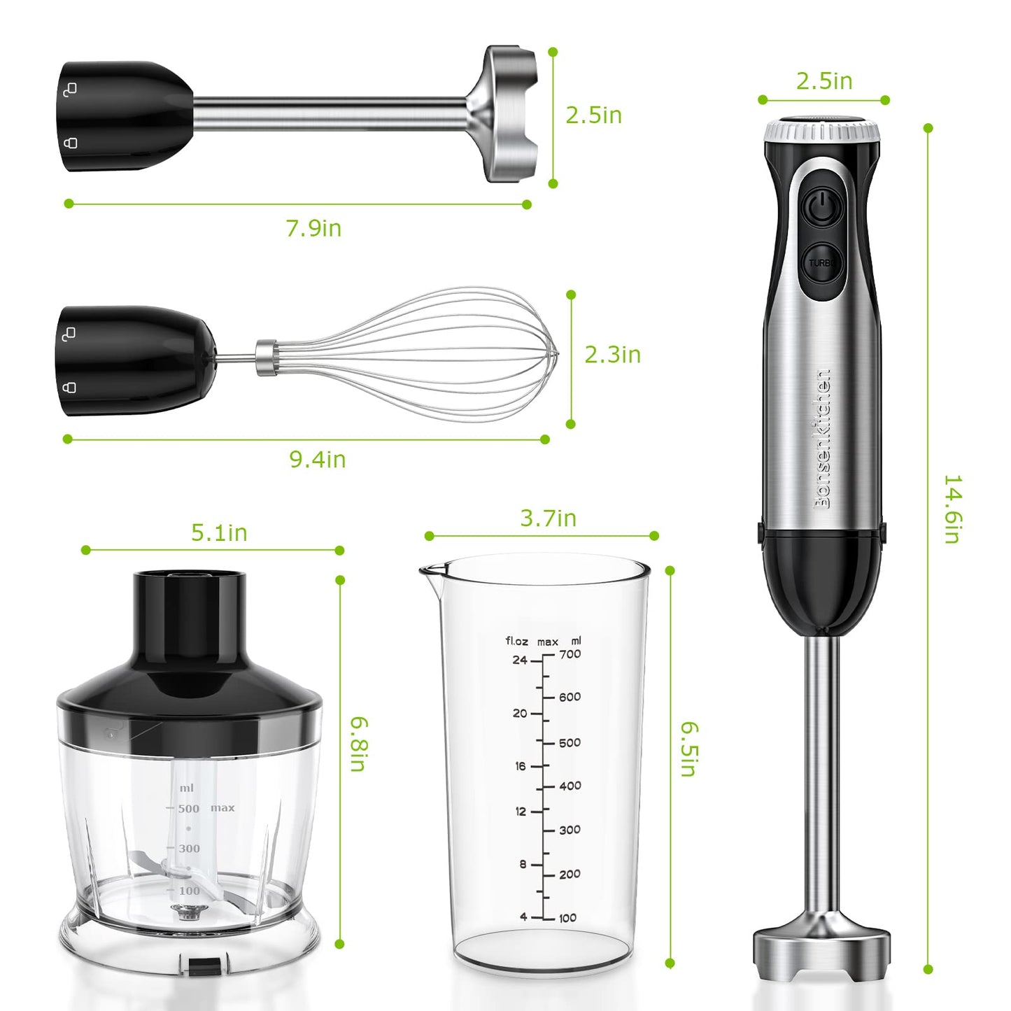 Mixer de Imersão Bonsenkitchen 500W, 20 Velocidades + Turbo, 4 em 1