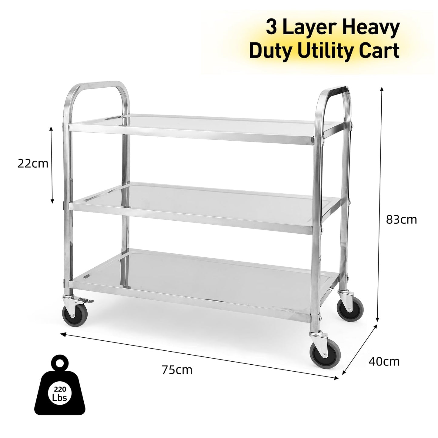 Takywep Carrinho de Aço Inoxidável com 3 Andares e Rodas com Trava para Cozinha, Restaurante e Hospital (83 cm x 40 cm x