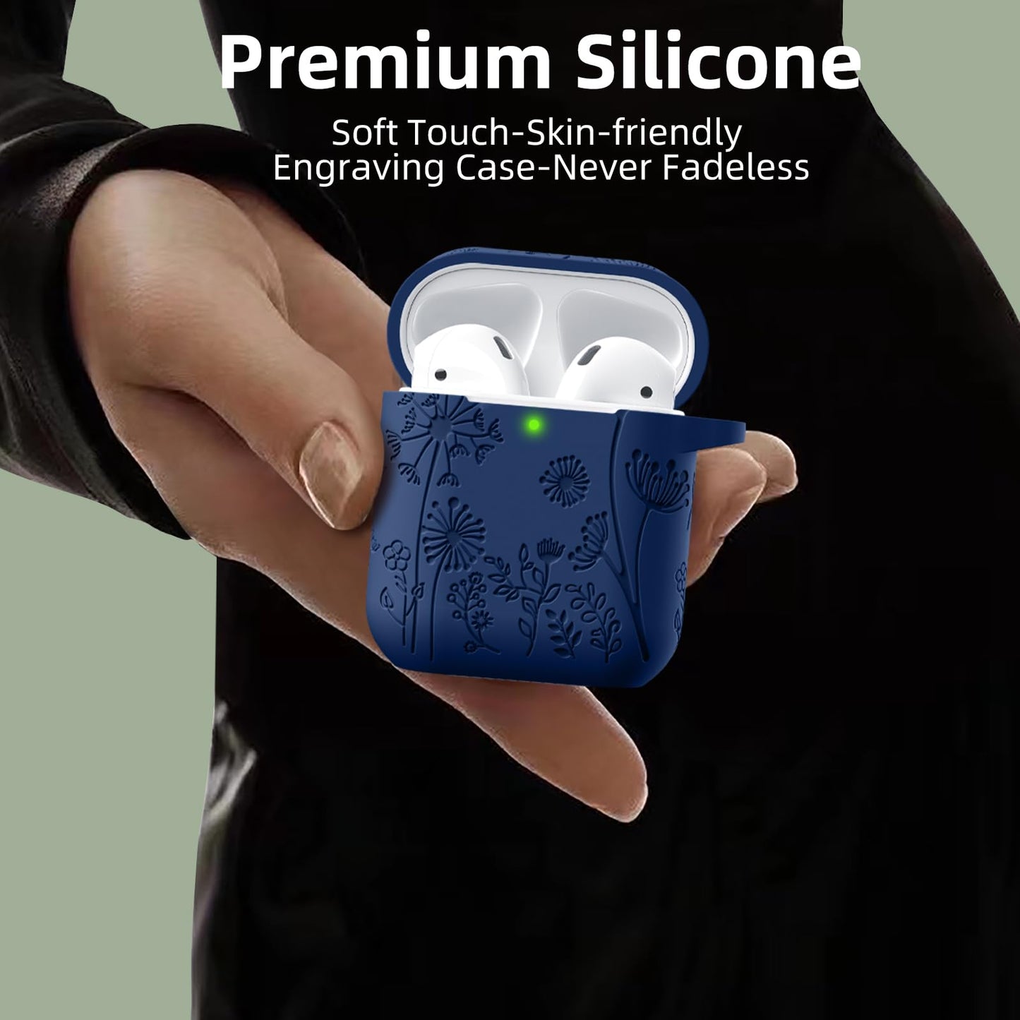 Lerobo Capa Gravada Silicone para AirPods 1ª/2ª Geração com Mosquetão (Azul Meia-Noite)