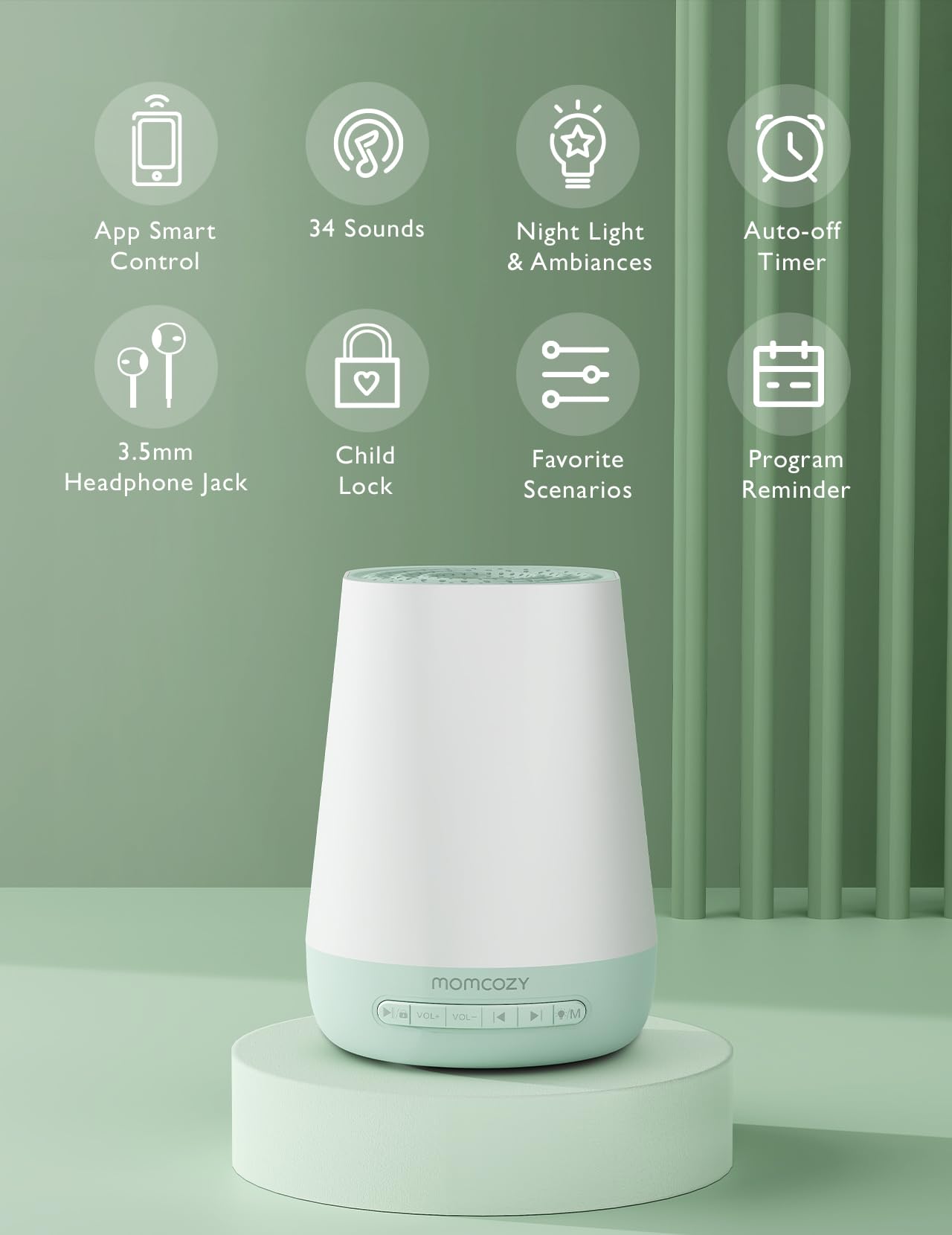 Momcozy Máquina de Ruído Branco e Luz Noturna com Controle App Verde