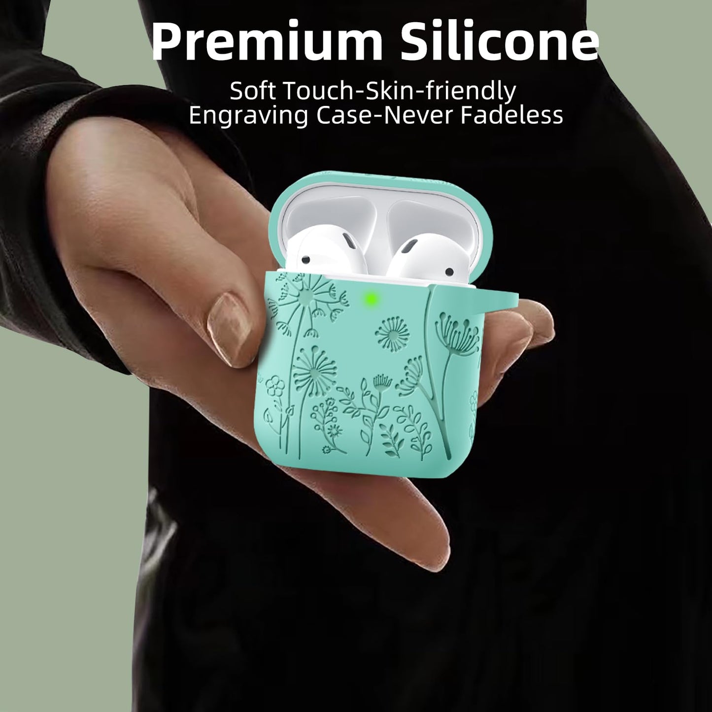 Lerobo Capa Gravada para AirPods 1/2 com Mosquetão (Verde Menta)