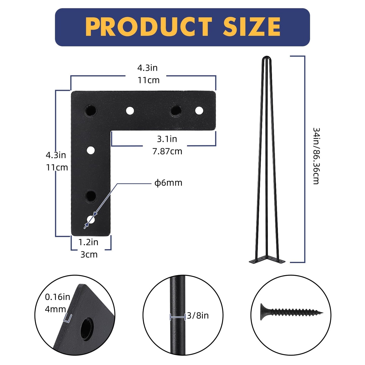 Takywep Pés de Móveis 86cm Estilo Hairpin em Aço Carbono Preto (4 Unid.)