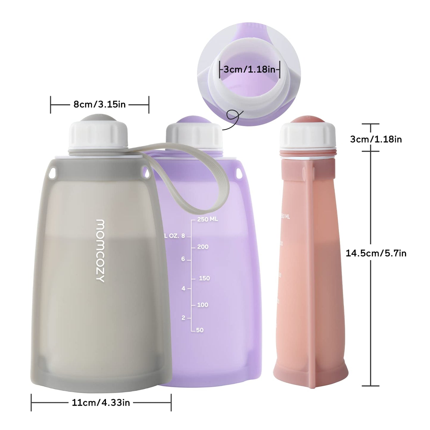 Momcozy Sacos de Armazenamento de Leite Reutilizáveis 250ml (Lilás e Cinza)