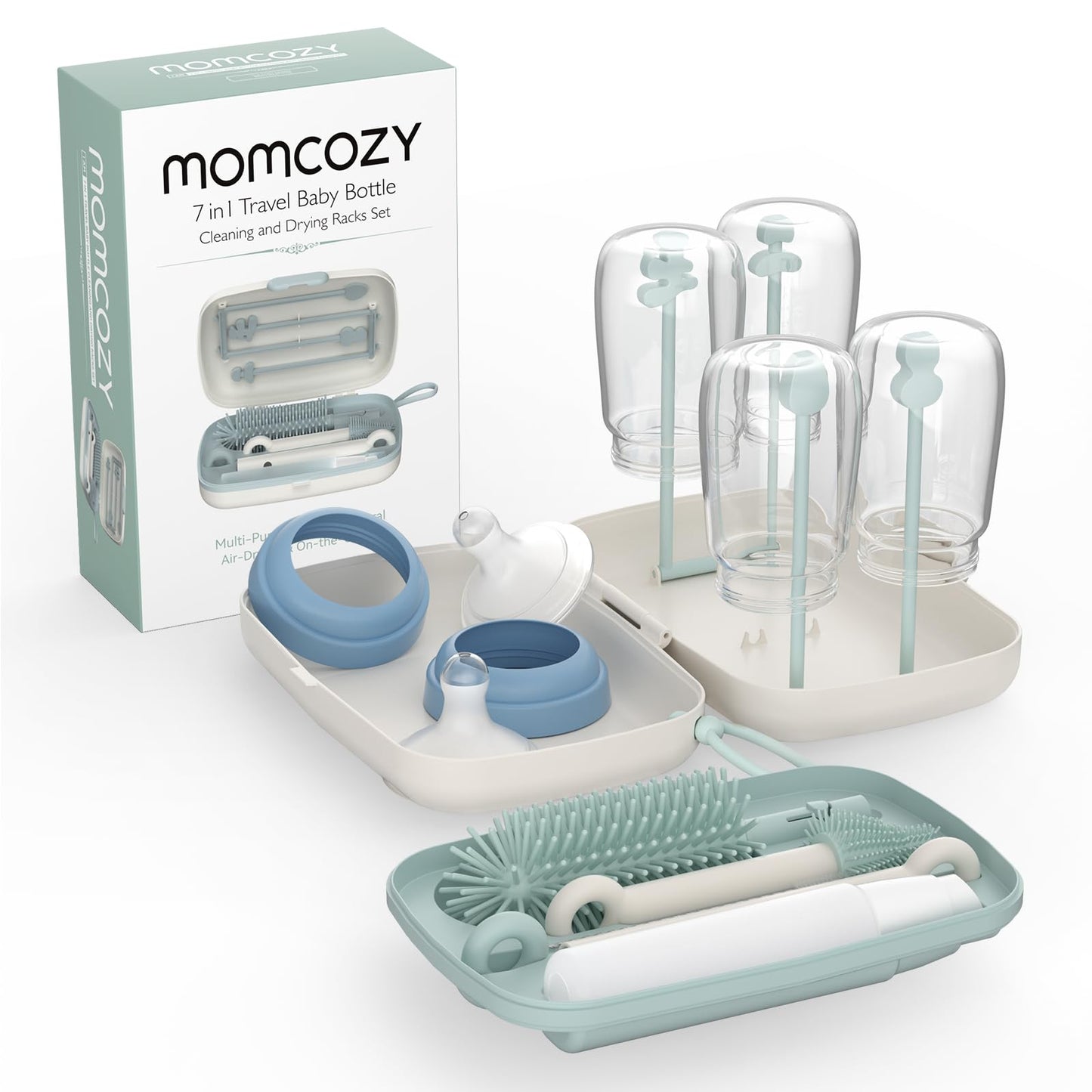 Momcozy Kit de Escovas para Limpeza de Mamadeiras 7 em 1 - Silicone e Acessórios Portáteis (Verde)