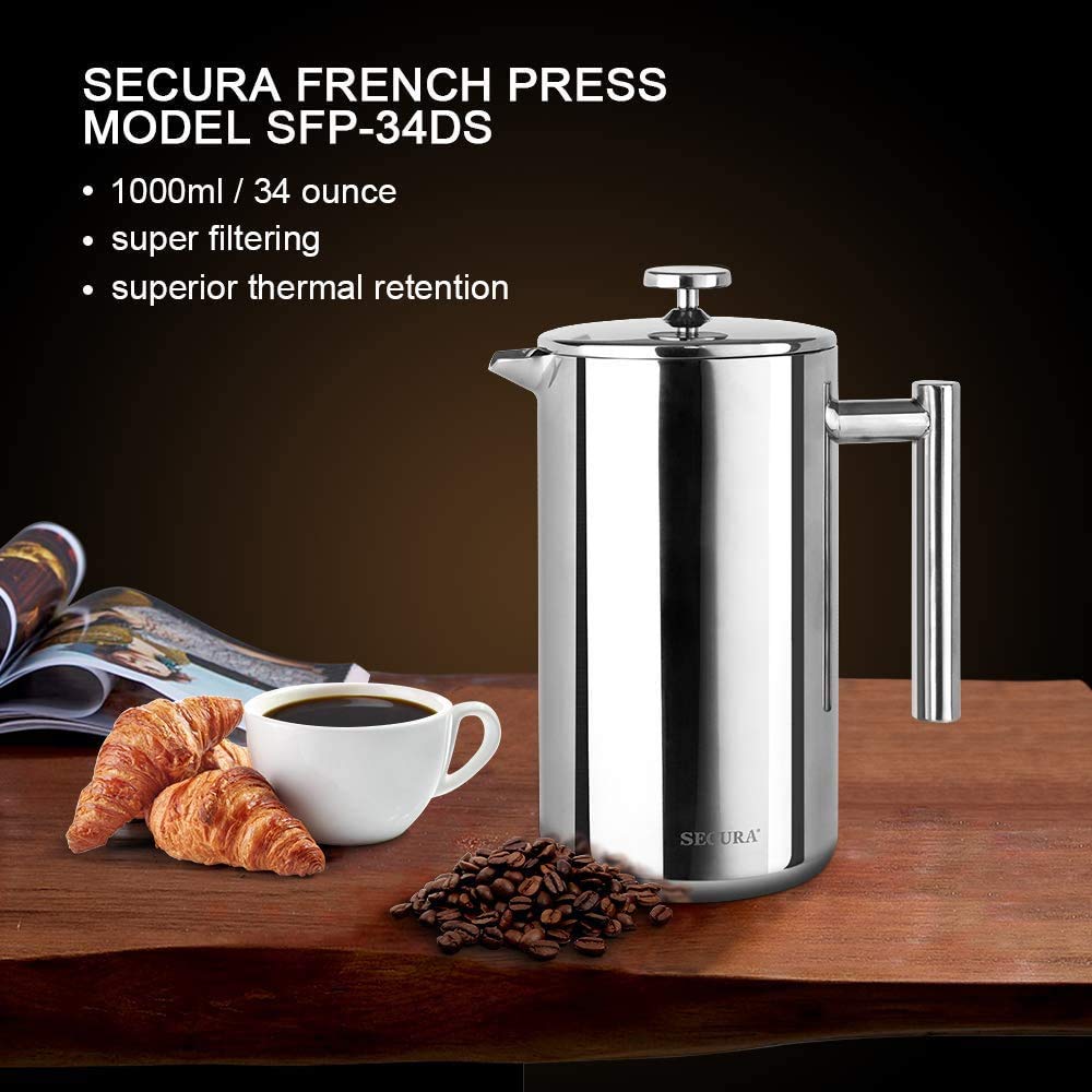 Secura Prensa Francesa de Aço Inoxidável 34oz com Filtro Extra (1000ML)