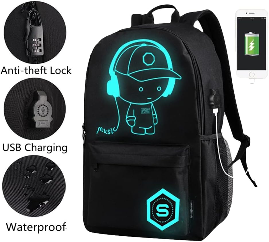 FLYMEI Mochila Luminosa Anime com Porta USB para Laptop 17" (Preto)