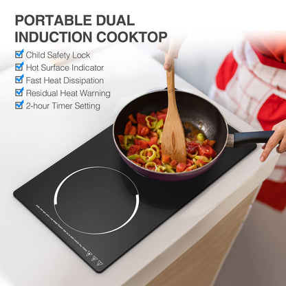 GTKZW Cooktop de Indução Duplo 12" com 2 Queimadores e 9 Níveis (Preto)